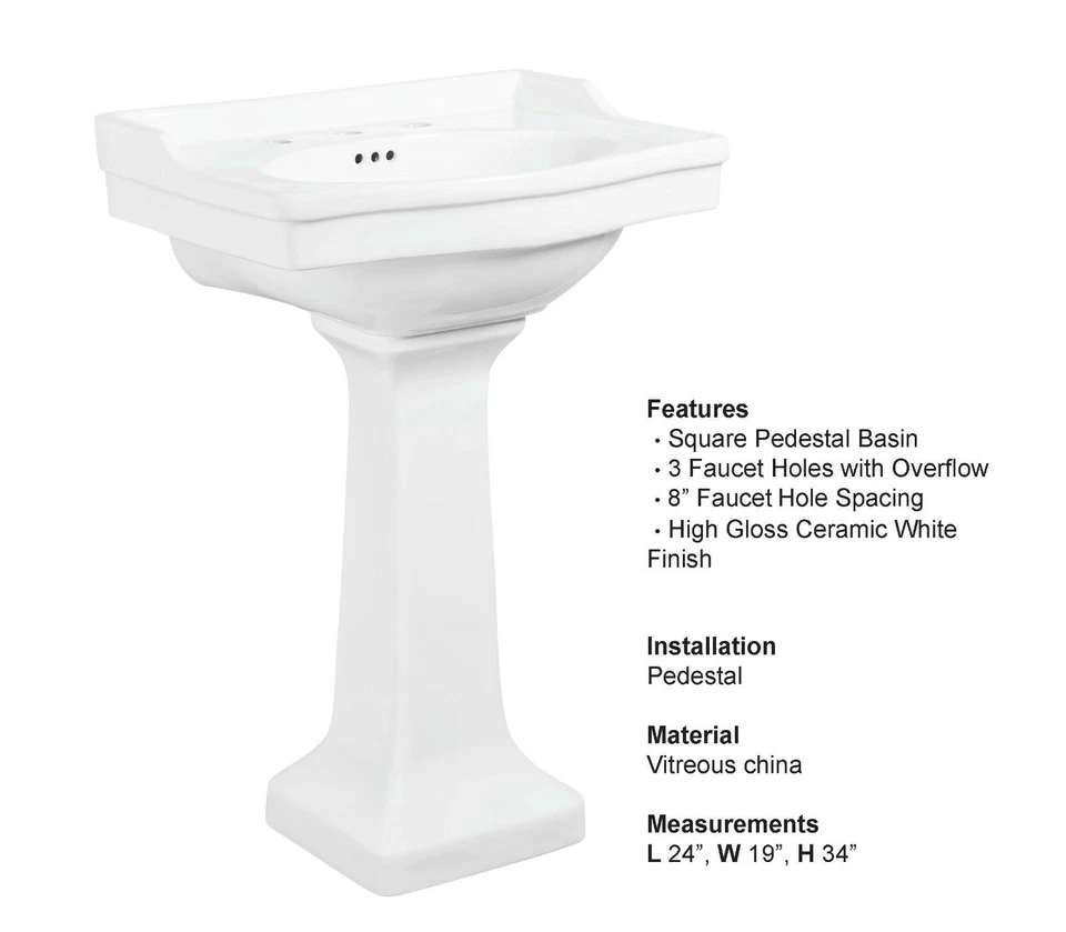Fregadero de pedestal de baño Romano 2829 con salpicaduras traseras, rectangular, 24''x19''x34"" Foto 4 de 4