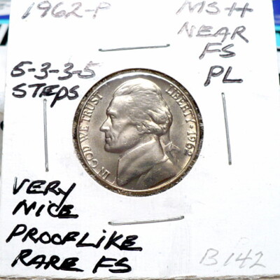 1962-P JEFFERSON NICKEL GEM++ BU/MS PL, 5-3-3-5 STEPS-RARE, NICE+ WHITE+, B142