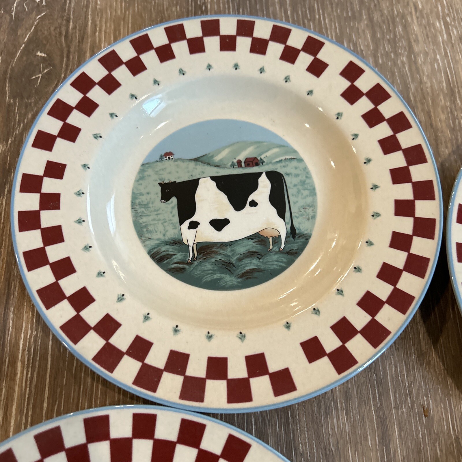 Tienshan Folk Art Dessert Salad Plates Animals Checkered Rim 8" Set of4 eBay