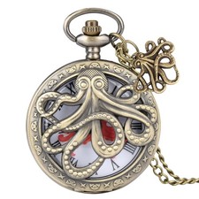 Vintage Hollow Octopus Cover Unisex Analog Quartz Pocket Watch Retro Chain Gift
