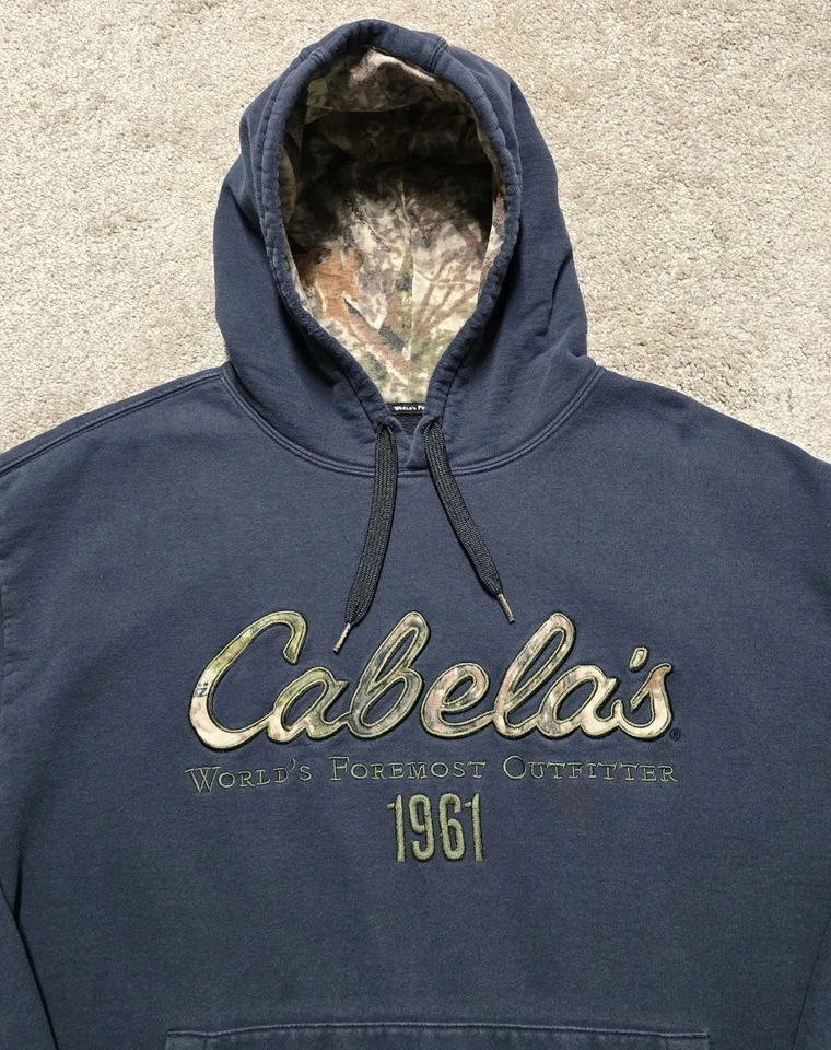VTG Cabela's Worlds Foremost Outfitter Hoodie Mens XL Blue Camo Hood Pullover - Image 3 of 4