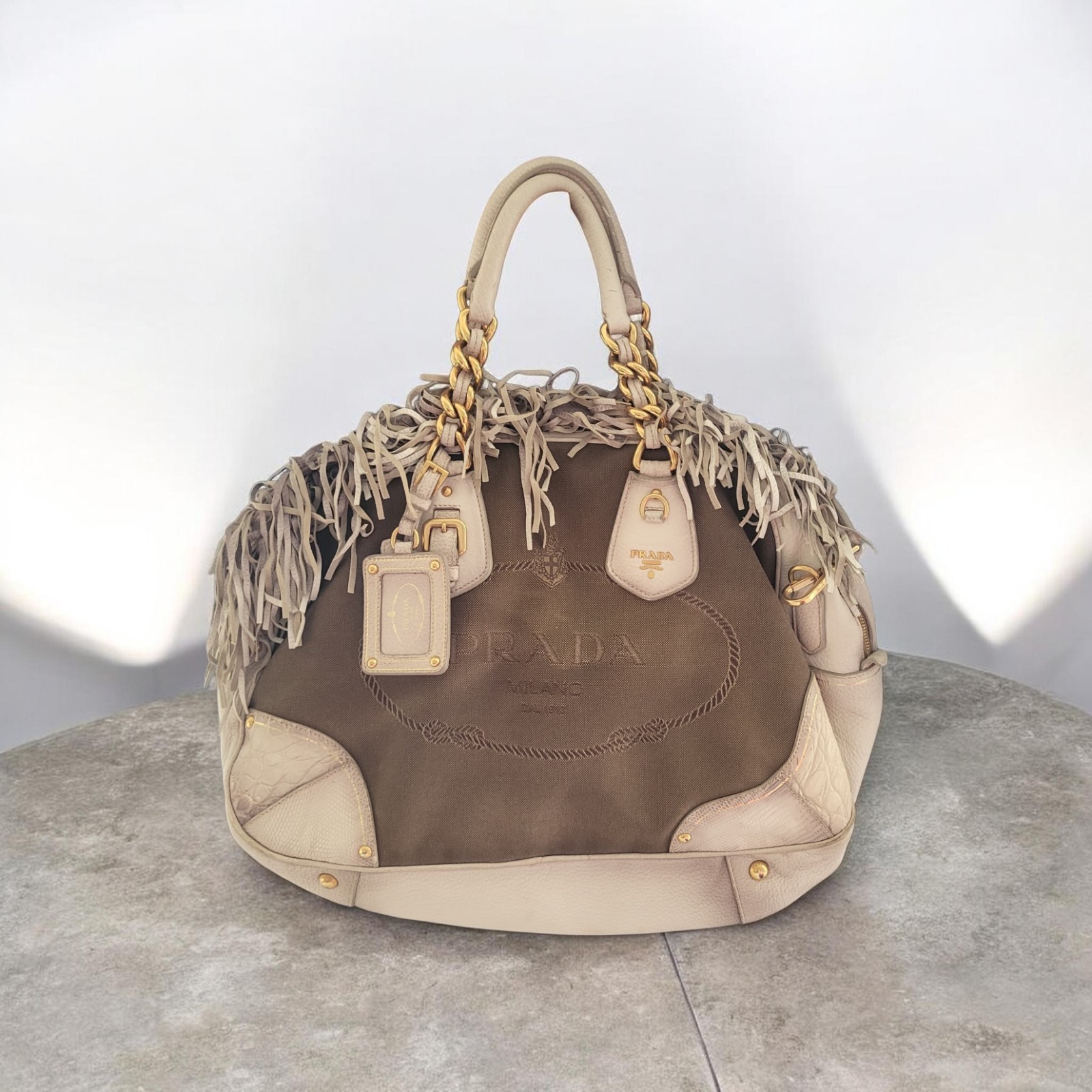 Authentic Prada Milano Canvas & Leather Fringe Satchel Bag Gold Hardware