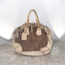 Authentic Prada Milano Canvas & Leather Fringe Satchel Bag Gold Hardware