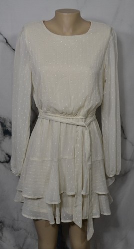 CITY STUDIO Eggshell Patterned Stripe Dress Medium Elastic Waist Tiered Skirt