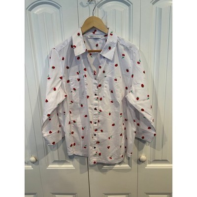 Emily Daniels White Cherry Stretch Panel Sides Button Down Shirt Size XL