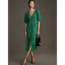 Anthropologie V Neck Pleated Slim Midi Dress Emerald Green Womens XS Puff Sleeve