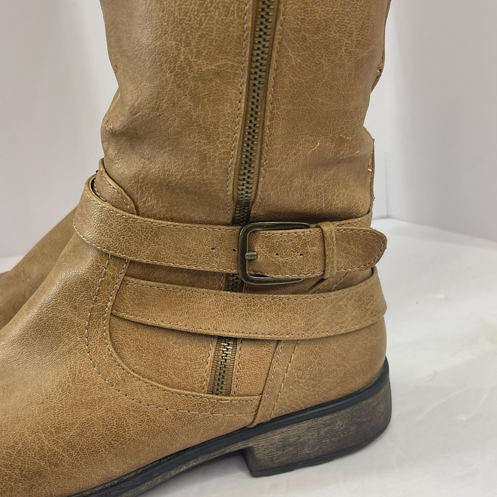 BareTraps Sheela Knee-High Boots 10M Cognac Brown Zip Buckle Riding Biker