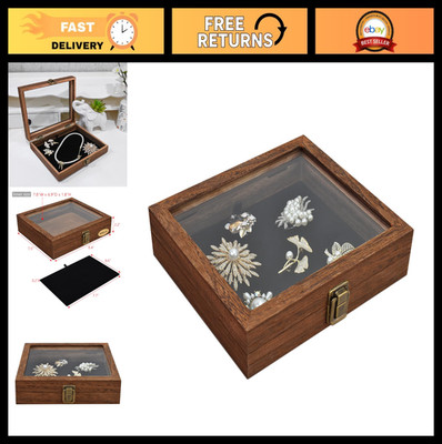 Small Wooden Jewelry Display Case with Tempered Glass Top & Velvet Pad, 2.2'' Dee