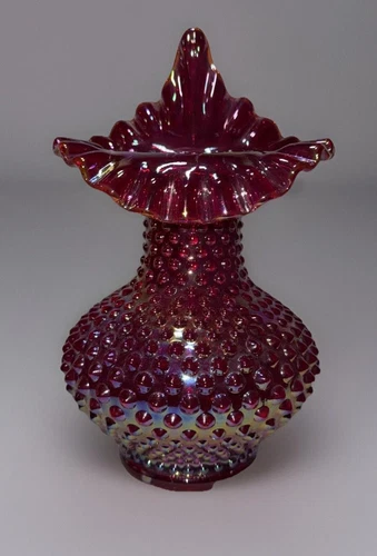 Fenton Signed Swung Red Amberina Carnival Glass Jack-in-the Pulpit Hobnail Vase