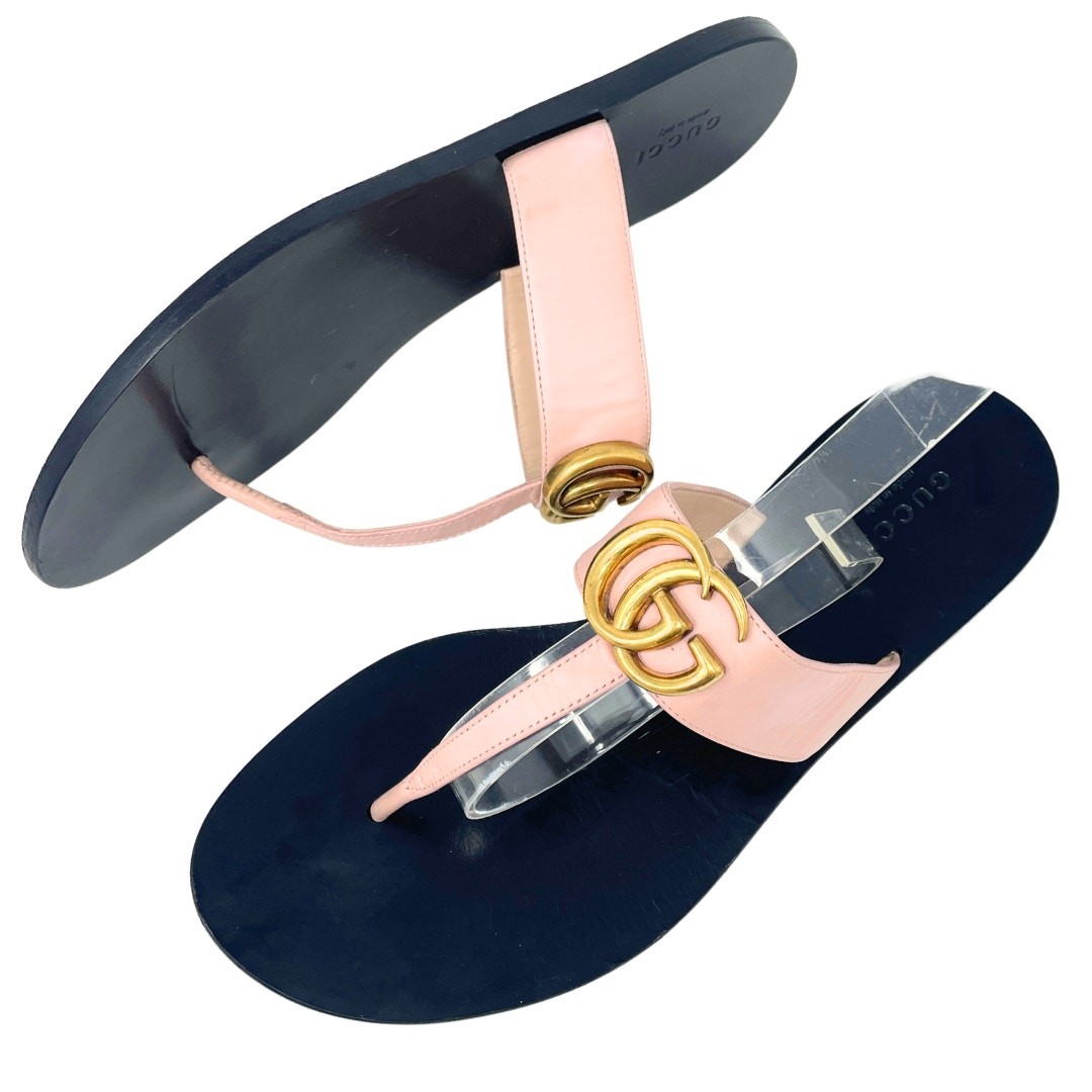 Gucci Shoes Marmont Thong Flat Sandals Pink Leather Gold GG Logo Monogram 38.5