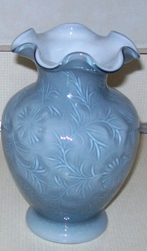 Fenton Federal Blue Feather Overlay Optic Art Glass Vase 6.5”