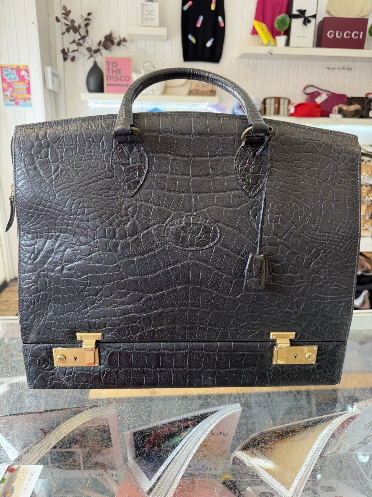 Vintage 1990s Mulberry Black Croc Leather Doctor Travel Bag Jewellery Case Rare