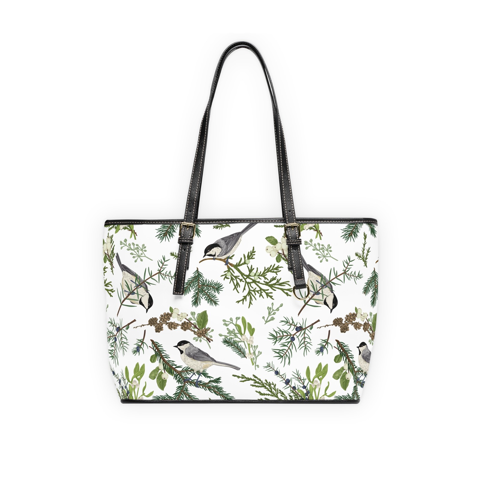 Bird and Winter Plants PU Leather Shoulder Bag, Floral Print Purse,