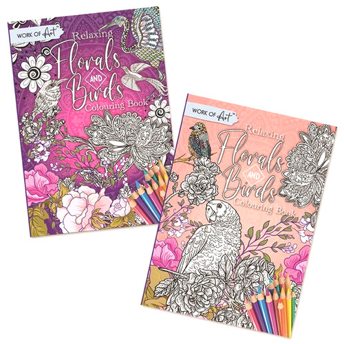 2 Colouring Book Kids Adult Stress Relief Colour Art Therapy Florals & Birds
