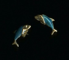 14K Fine Solid Yellow Gold 13mm Blue Enamel Paint Dolphin Fish Stud Earrings QQ