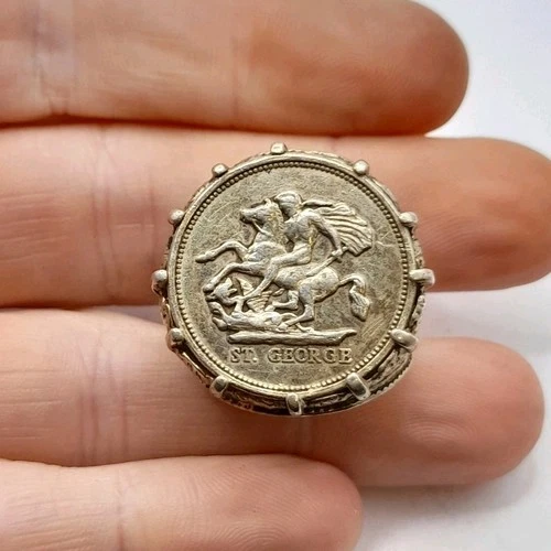 Vintage English Sterling Silver St. George & Dragon Coin Style Ring - UK Size U½