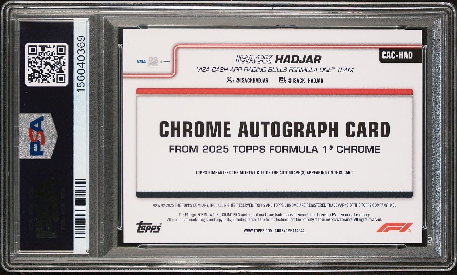 2025 Topps Chrome Formula 1 F1 Isack Hadjar Autograph CAC-HAD PSA 10 view 3