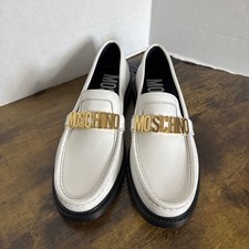 Moschino Women s Loafers White Leather Gold Logo NEW Size 38 EU /8 USD