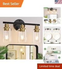 Modern 3-Light Black and Gold Wall Lamp with Reversible Mounting & Glass Shades