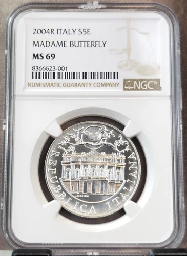 2004 ITALY SILVER 5 EURO MADAME BUTTERFLY NGC MS 69 RARE BEAUTIFUL TOP POP