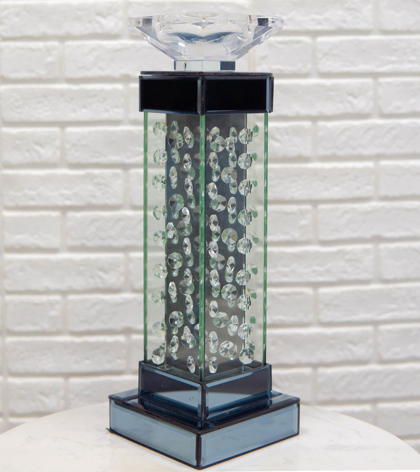 Modern Chic Beveled Floating Crystals Glass and Metal Pillar Candle Holder 15"H
