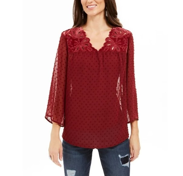Style & Co Womens L Eyelet Red Polka Dot Sheer Long Sleeve Blouse NWT CA77