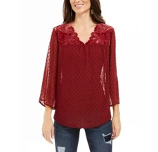 Style & Co Womens L Eyelet Red Polka Dot Sheer Long Sleeve Blouse NWT CA77