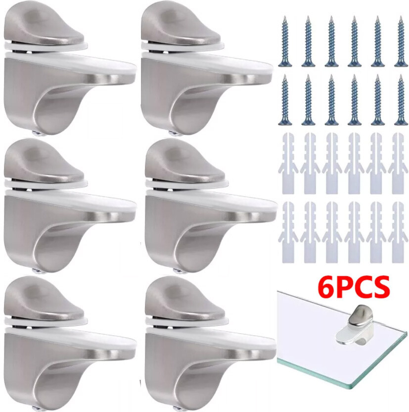 6PCS Adjustable Glass Shelf Wall Brackets Polished Zinc Alloy Finished Wood