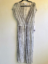 White & Gray Chiffon V neck maxi Dress Boho Chic Coastal Sz Medium NWT