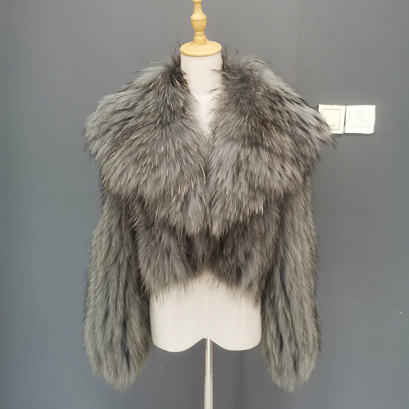 ALTRA Cappotto invernale donna corto collo pelliccia 100% vera pelo di procione marrone grigio