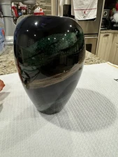 Vase Black with Copper Blue and Green Swirls Heavy 9.5" With 2 Glass Flowers