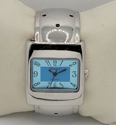 Ladies Geneva Platinum Elegant Blue Dial Silver Tone Case Cuff Bracelet Watch L9