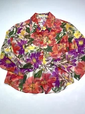 VTG Sagena Womens 3/4 Sleeve Floral Sheer Button Down Top Sz L