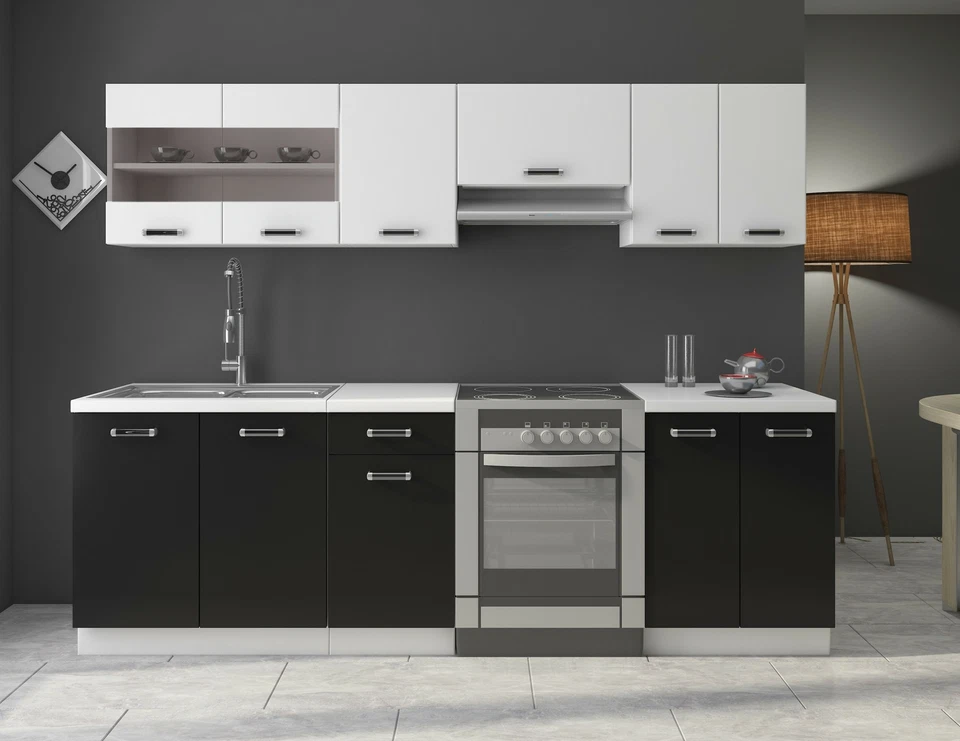 Küche Omega 240 cm Küchenzeile / Küchenblock variabel stellbar in Schwarz Weiss