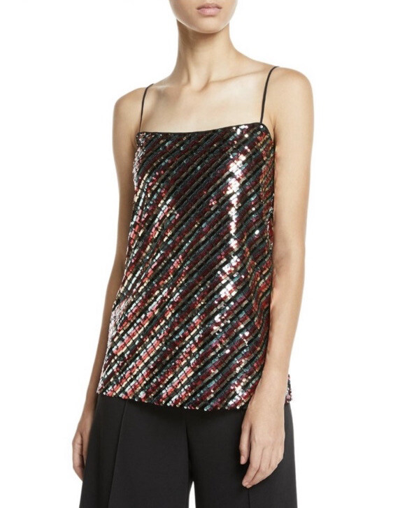 MILLY Rainbow Sequin Cami Tank Top Blouse Shirt Black Pink Green Red Color Sz 2