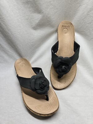 Crocs Size 8 A Leigh Flower Leather Flip Flop Sandal Cork Platform