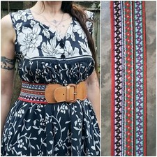 Vtg 70's 80's Woven Artisan Wide Belt / Cotton  Leather / Fits Waist 26 - 29