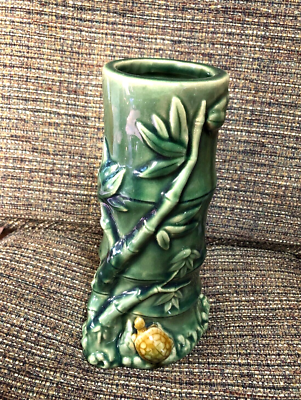 Vintage MCM Ceramic GreenBamboo Vase Planter B-232 w/ Turtle