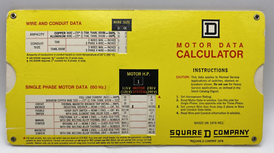 5.7/07×6 6.8/07×2 7/77×7 8/77×5 9/77×8 Square D Company Motor Data Calculator Slide Rule 1978 3 Phase 60