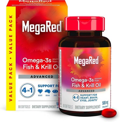 MegaRed 6X Advanced Absorption Omega 3 Fish Oil Supp.500mg 80 Softgels EXP /2027