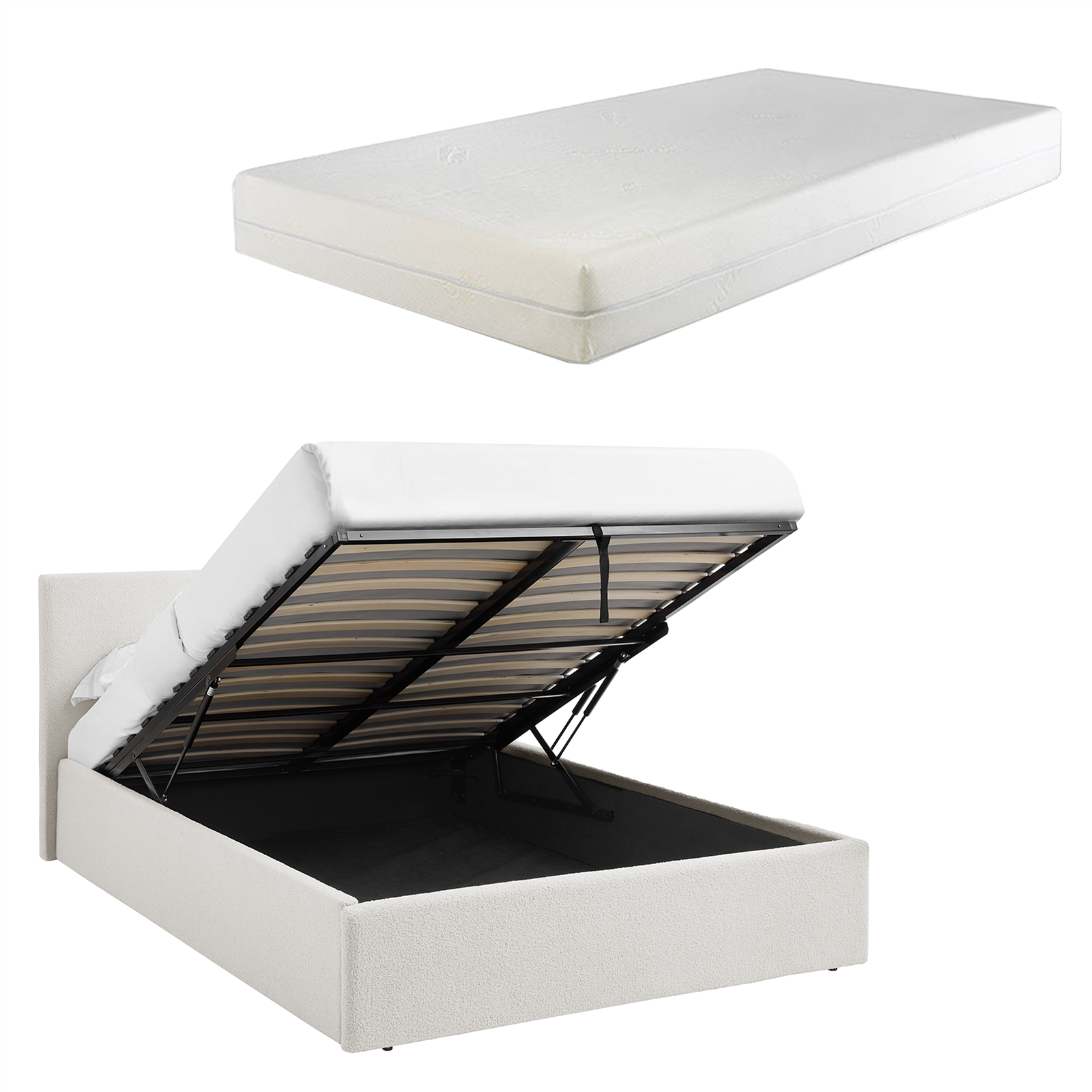 4FT Small Double Bed Ottoman Storage White + 25cm Foam Mattress TEDDY BOUCLE