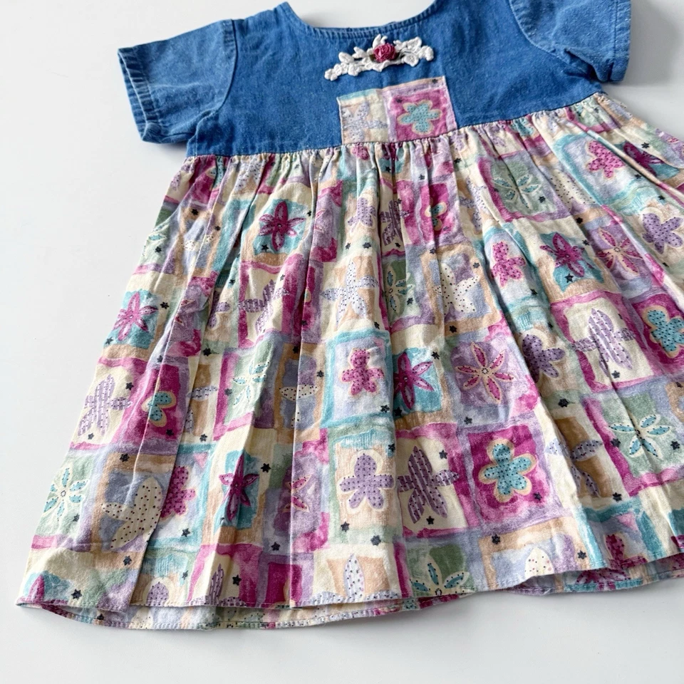 Vtg Cottage Country Prairie Denim Floral Toddler 4T Dress Embroidered Colorful - Image 3 of 4