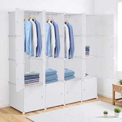 16-Cube Modular Wardrobe Storage 4-Tier - Stackable, Door, Rods, Plastic & White