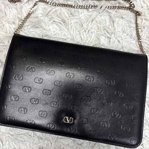 Valentino Leather V Logo Chain Shoulder Bag Black Authentic Luxury Crossbody
