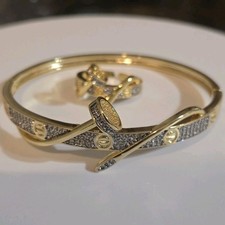 18k Gold Plated  Bangle Bracelet White/zirconia Colorless Stones With Ring Set