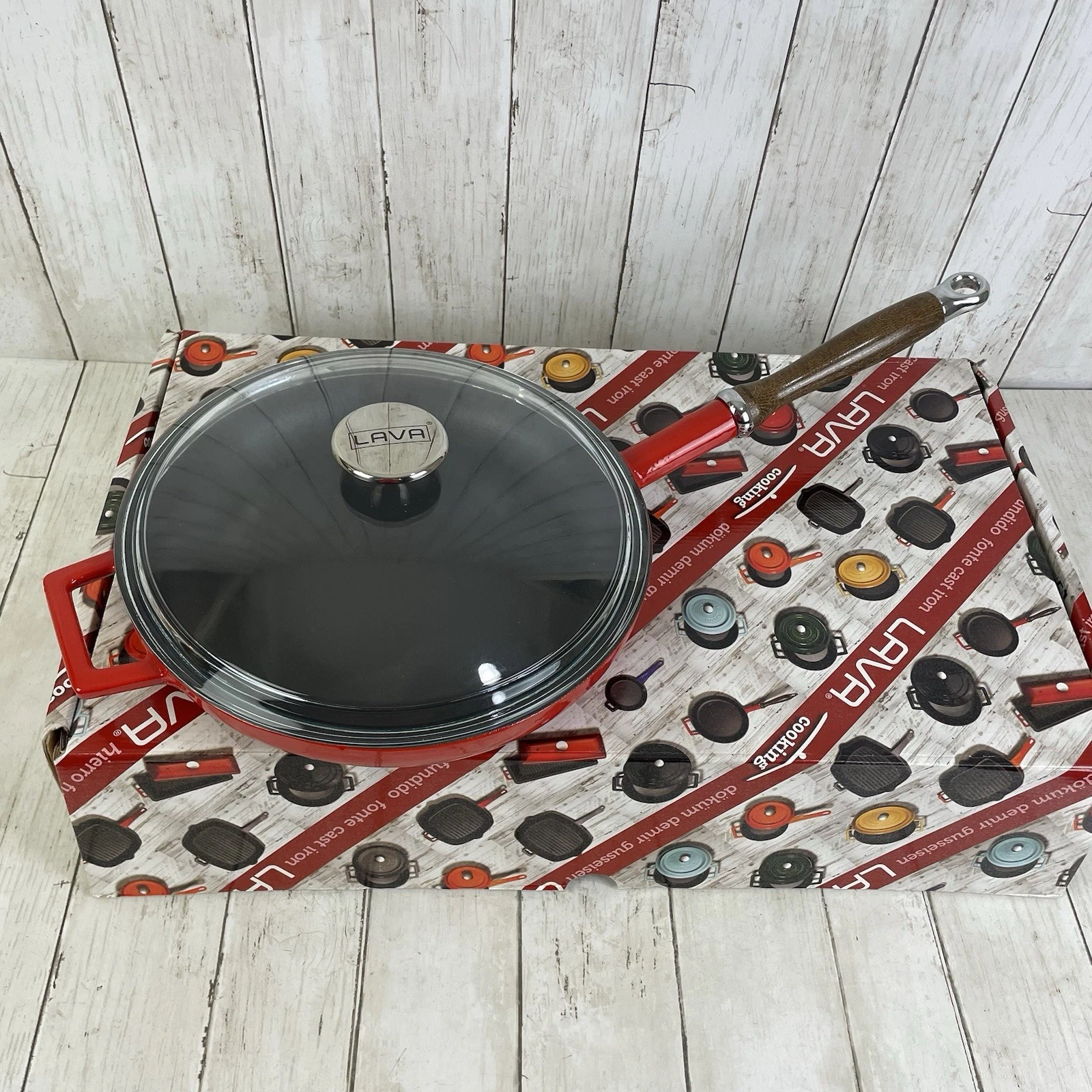 LAVA 11' Enameled Cast Iron Skillet Frrying Pan w/Glass Lid Wooden Handle - New