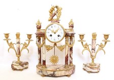 LG. ANTIQUE FRENCH MARBLE PORTICO MANTEL CLOCK & GARNITURE SET, JAPY FRERES 16