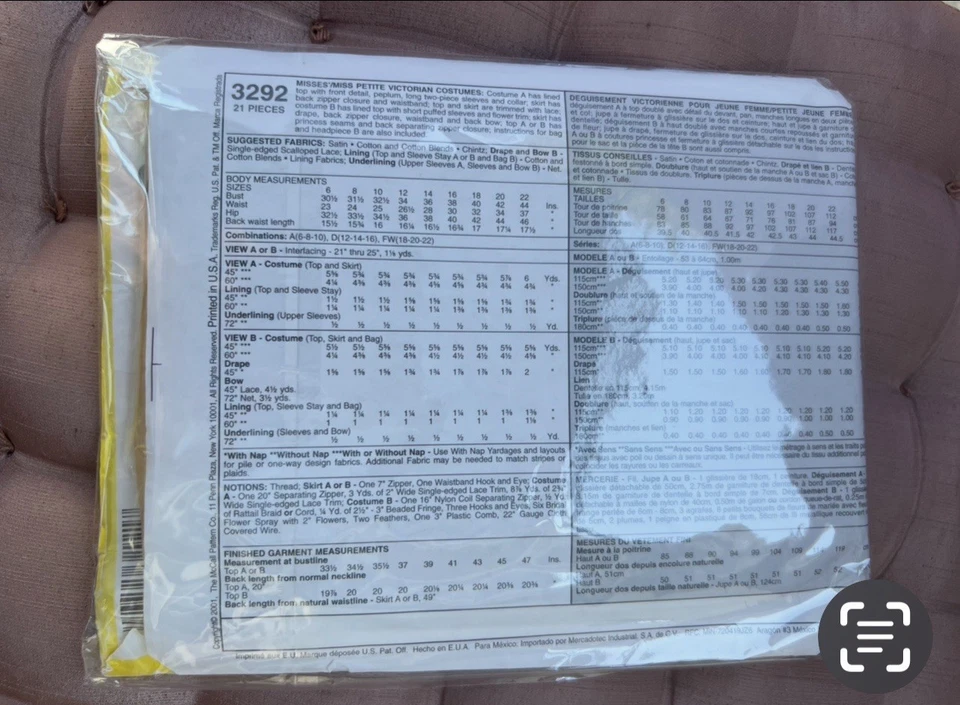 McCall's Costumes Pattern 3292 Victorian Top SKirt sz 6/8/10 - Image 2 of 2