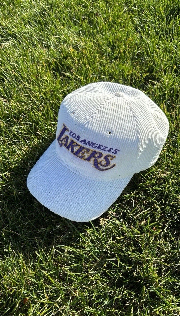 Vintage Sports Specialties Lakers Motion Logo White Corduroy Snapback Hat