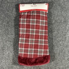 Holiday Style Red Burgundy Plaid Christmas Tree Skirt 38" Velvet Border